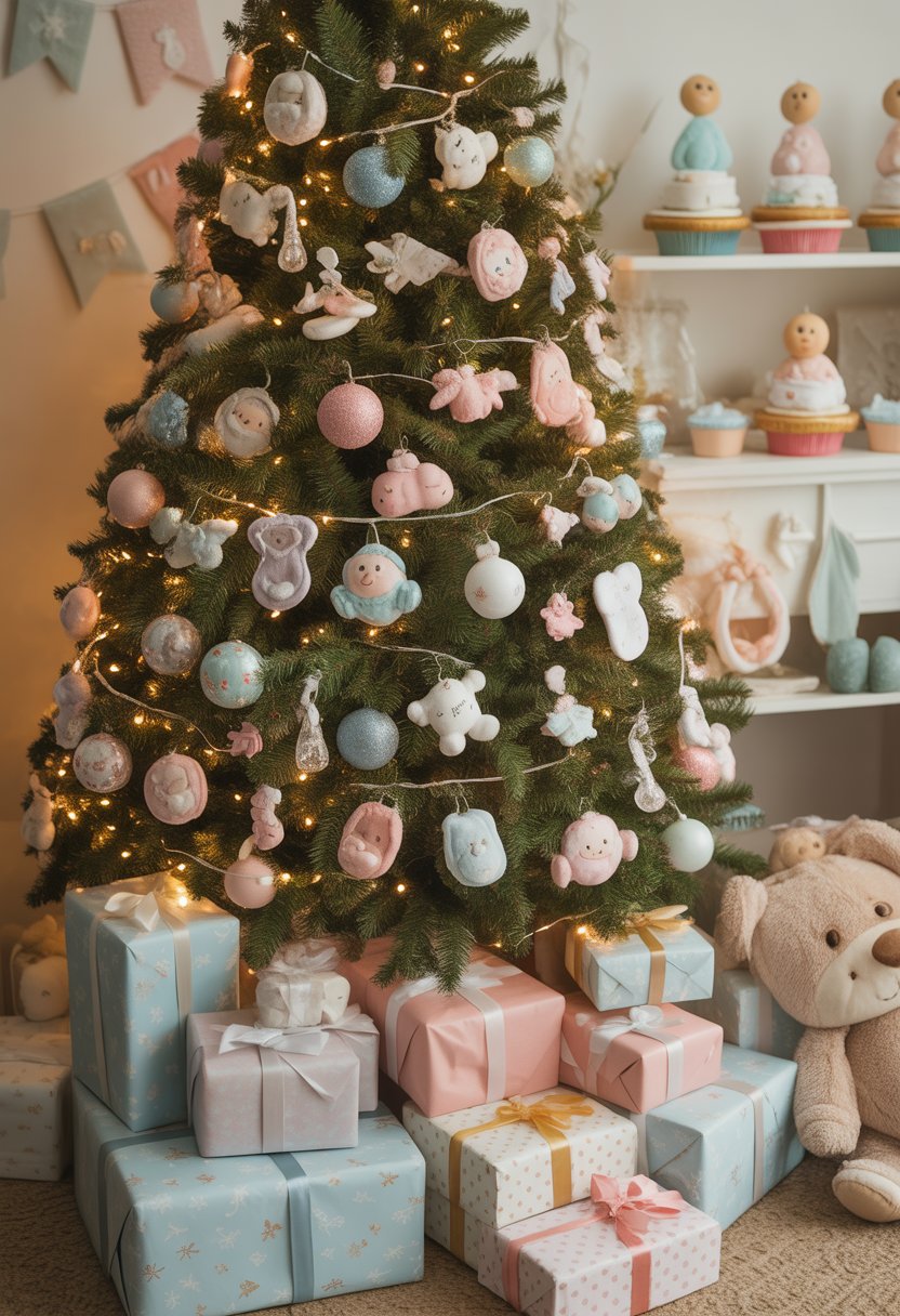 A Christmas tree decorated with baby-themed ornaments and pastel colors, surrounded by wrapped gifts and baby shower decorations in a cozy room.